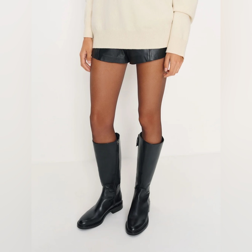 Reformation Nancy Black Leather Knee-High Riding Boots, Low Heel, Equestrian